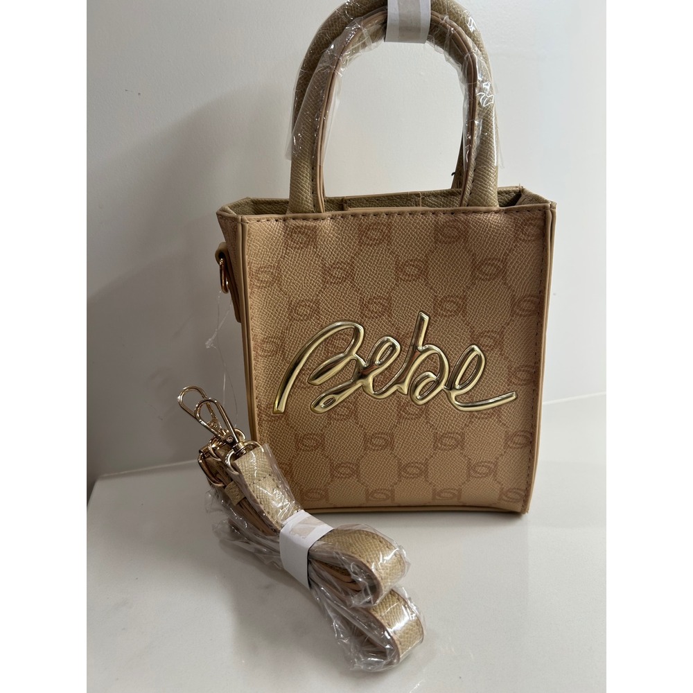 Bebe Gianna Monogram Mini satchel or Crossbody Bag Purse snap close NWT Beige